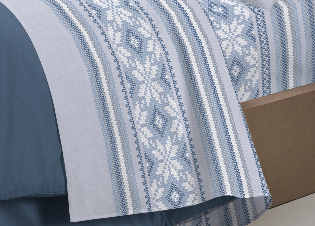 Completo Lenzuola Pensieri Delicati 100% Cotone Disegno Norvegia - Singolo - Blu