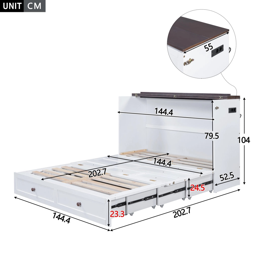 Letto a Scomparsa 140 x 200 cm; con Cassetto; USB e Presa e Mensola - in Legno - Bianco