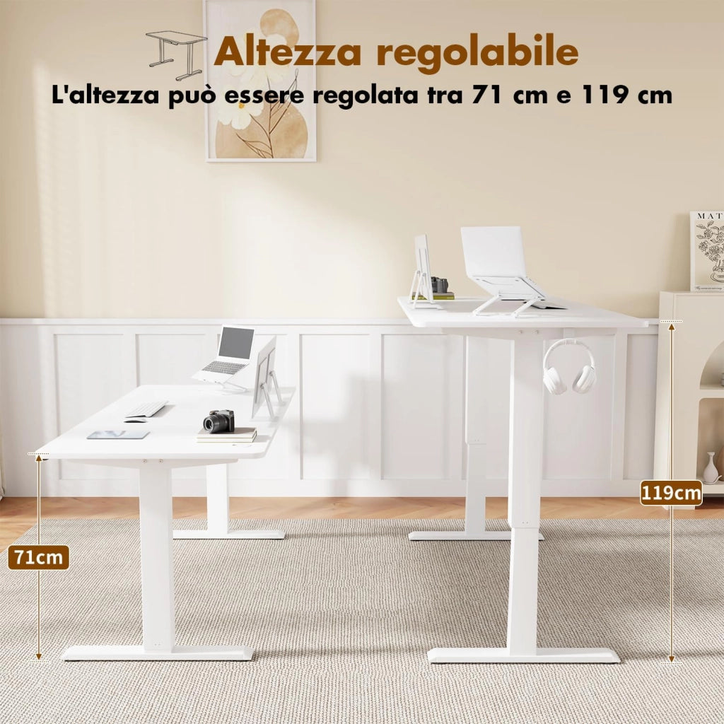 140 x 60 cm scrivania elettrica regolabile in altezza con gancio per cuffie, altezza regolabile 71-119 cm, 2 altezze di memoria. scrivania da ufficio, camera da letto, stanza di studio (Bianco)