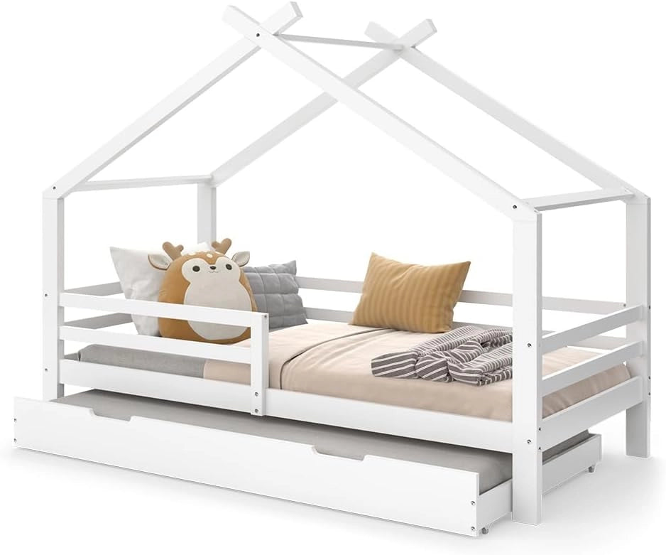 Letto montessori bambini Luni, Bianco, 200 x 90 cm con letto per ospiti, come una piccola casa per un'atmosfera calda