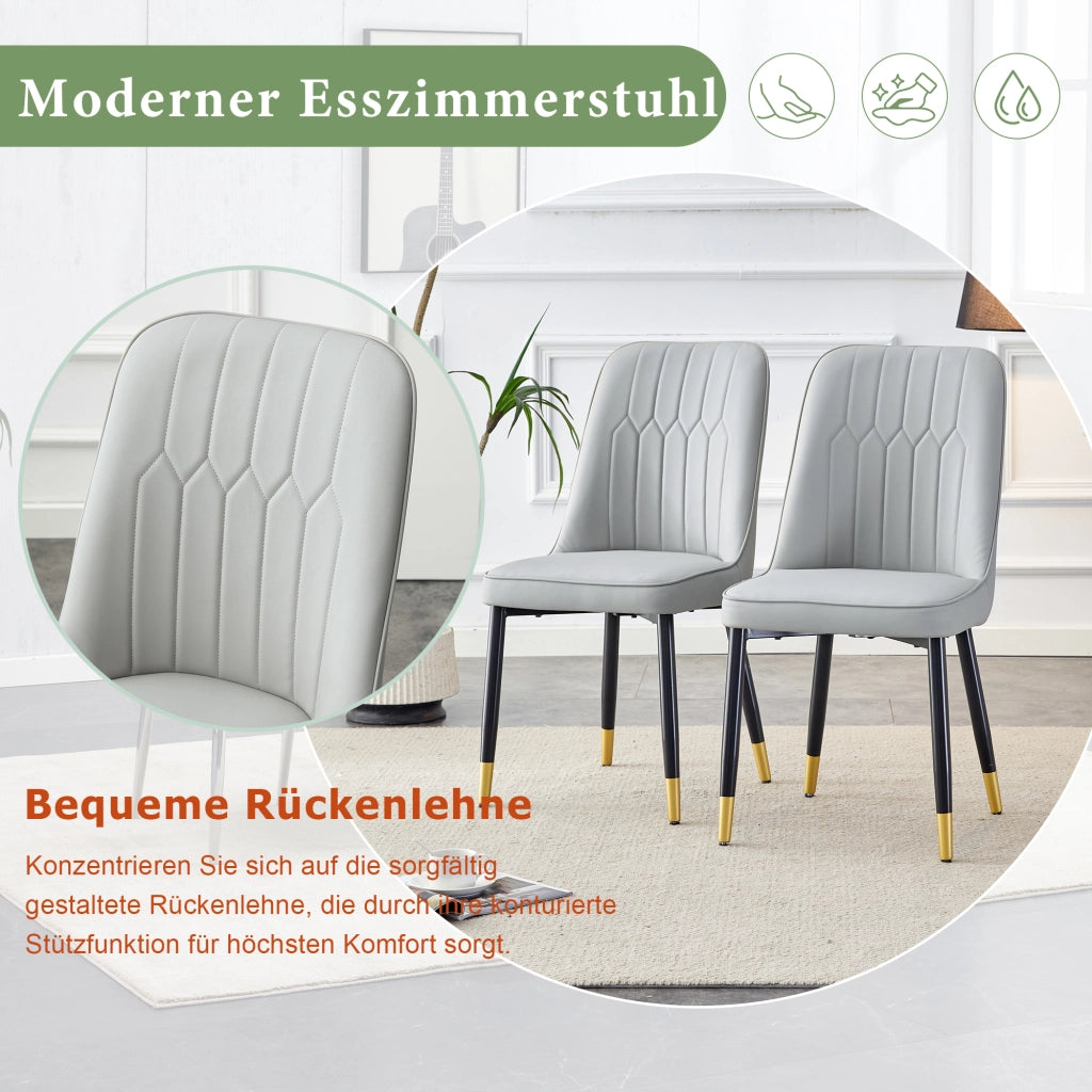 Chaise da pranzo in pelle pu con schienale ergonomico e seduta imbottita, gambe metalliche nere, grigio chiaro