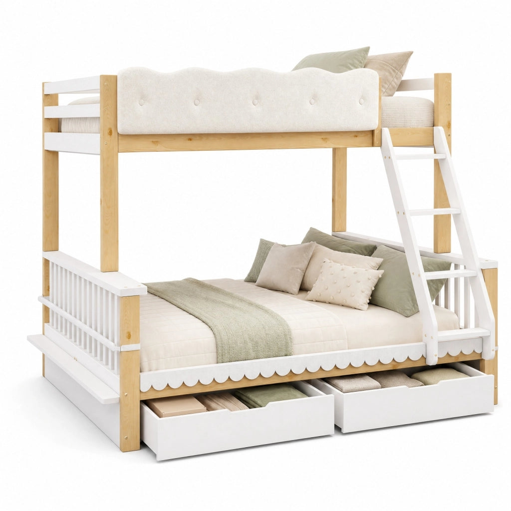 Letto a castello 90x200/140x200 cm con cassetti e portariviste; bianco e rovere