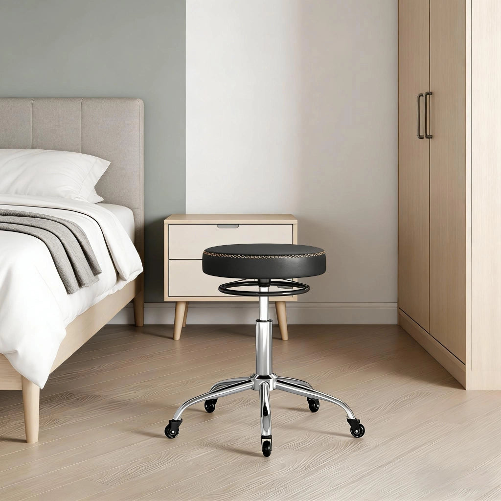 Sgabello da ufficio girevole con altezza regolabile e ruote silenziose, per studio e salone, in similpelle nera