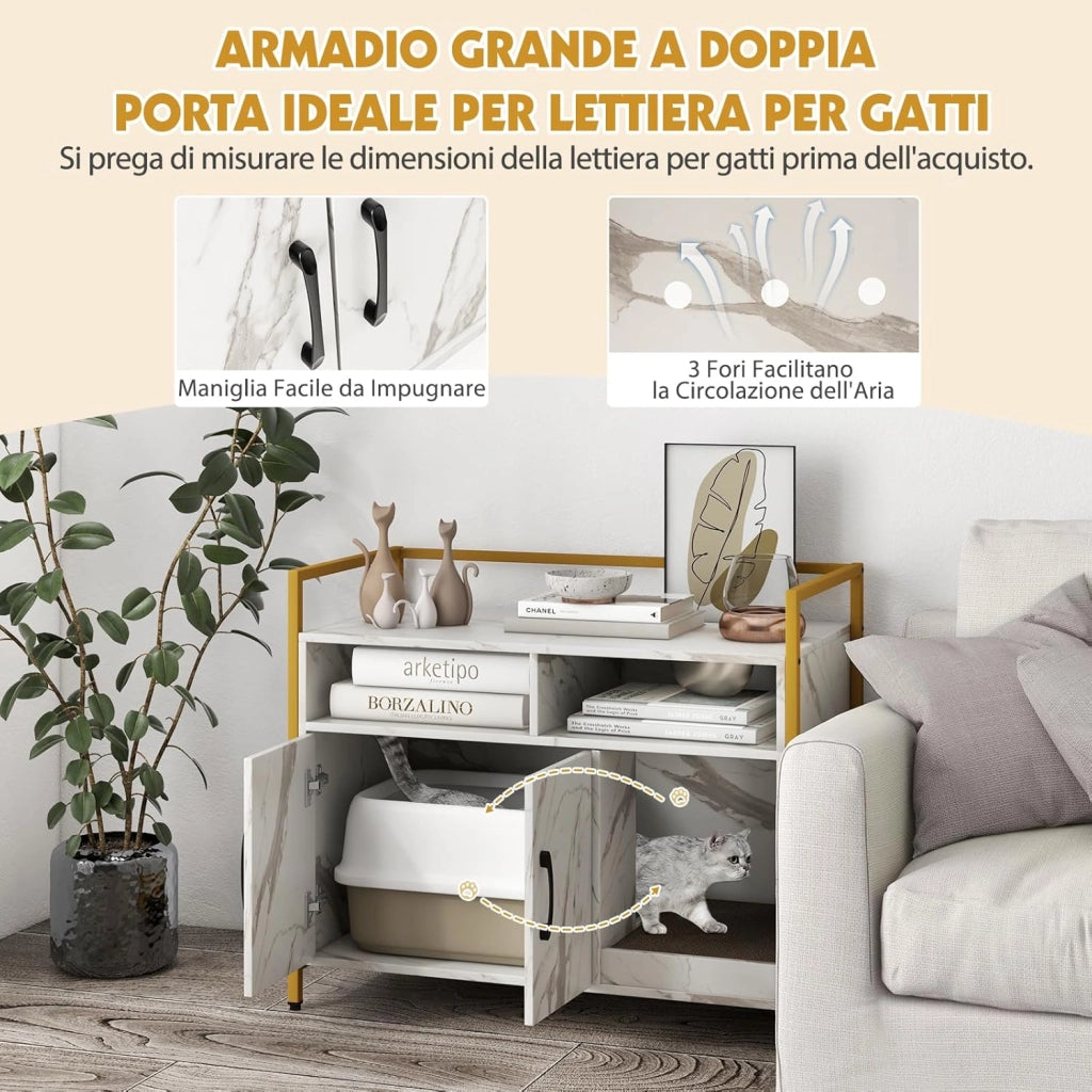 Mobile per Lettiera Gatti con Ripiani Aperti e Ripiani Chiusi con Maniglie, Mobiletto Multiuso in Legno e Metallo, Ideale per Ingresso e Soggiorno, Portata 50 kg (Bianco+Nero)