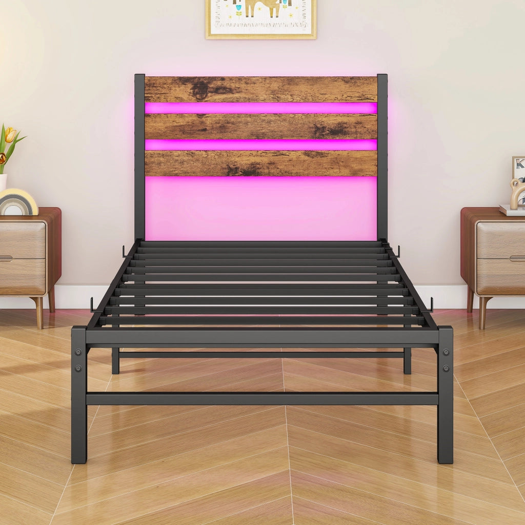 Letto in metallo con USB e LED 90x200 cm MDF marrone e metallo