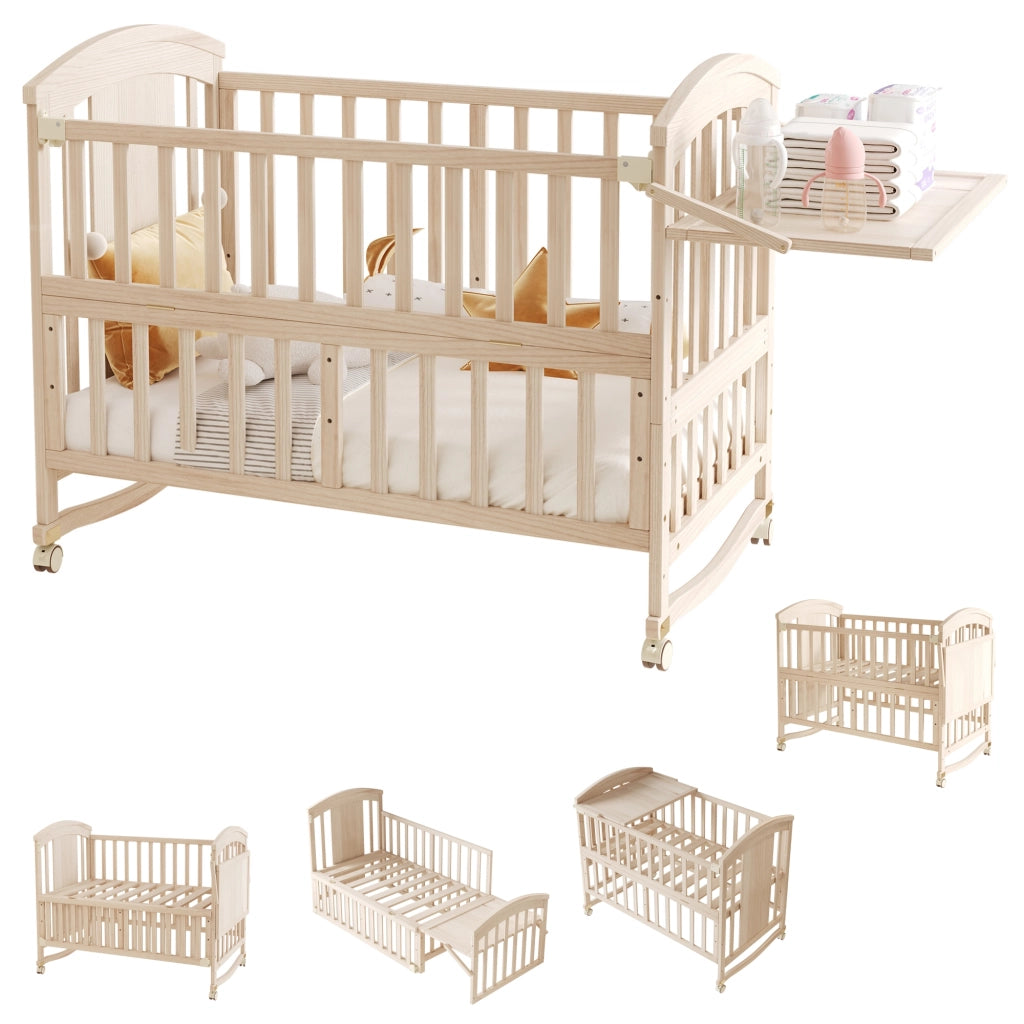 Lettino a rete in legno color legno naturale multifunzione: con fasciatoio, ripiano pieghevole, allungabile di 40 cm e uso come lettino affiancato. Senza materasso. 120x60x95 cm