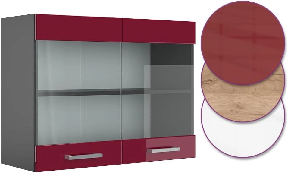 Mobile da cucina in vetro R-Line, Rosso lucido, 80 cm, per la libera combinazione all'interno di sistemi cucina modulari
