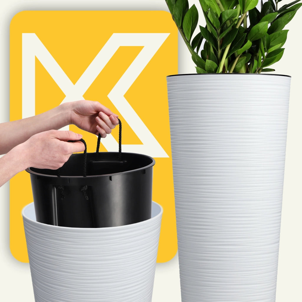 Vaso da fiori KADAX, coprivaso alto 47 cm con inserto, per soggiorno, bianco.