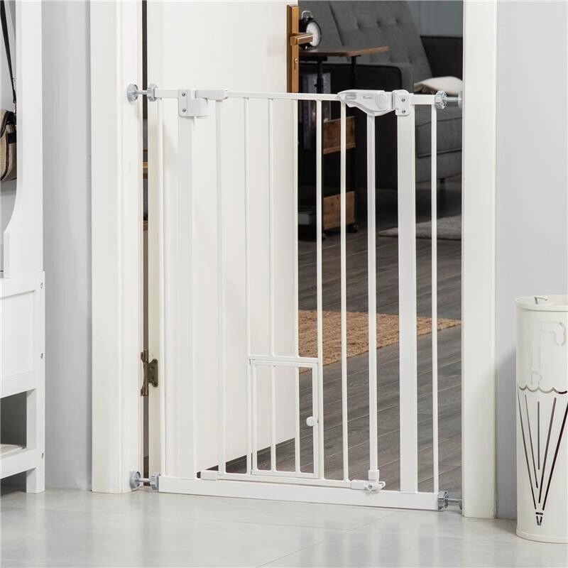 CANCELLETTO PER CANI CON PORTA PICCOLA, MONTAGGIO A PRESSIONE E CHIUSURA AUTOMATICA, 74-80X91.4CM, BIANCO