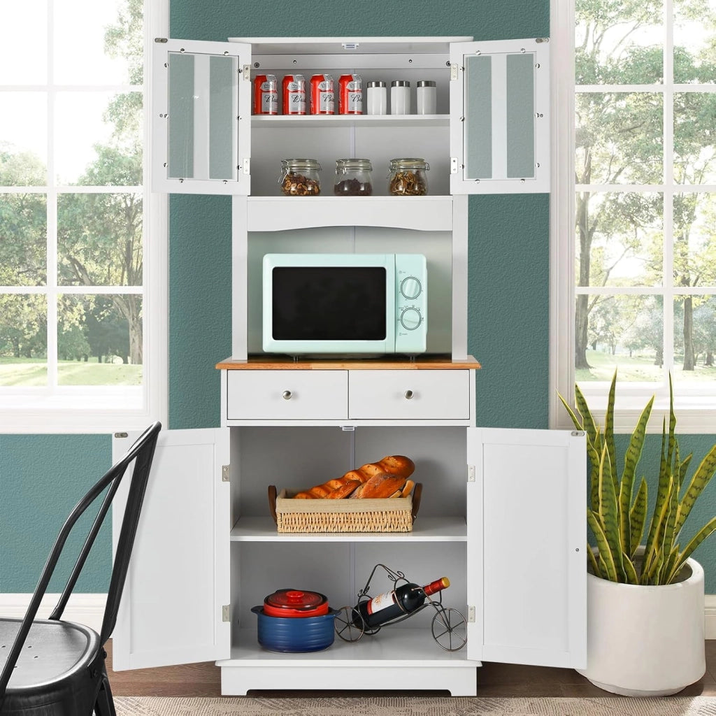 Credenza Alta da Cucina 170 cm con Ante e 2 Cassetti, Mobile Portaoggetti con Dispositivo Antiribaltamento e Ripiani Regolabili, Armadio a Buffet per Sala da Pranzo, Soggiorno (Bianco)