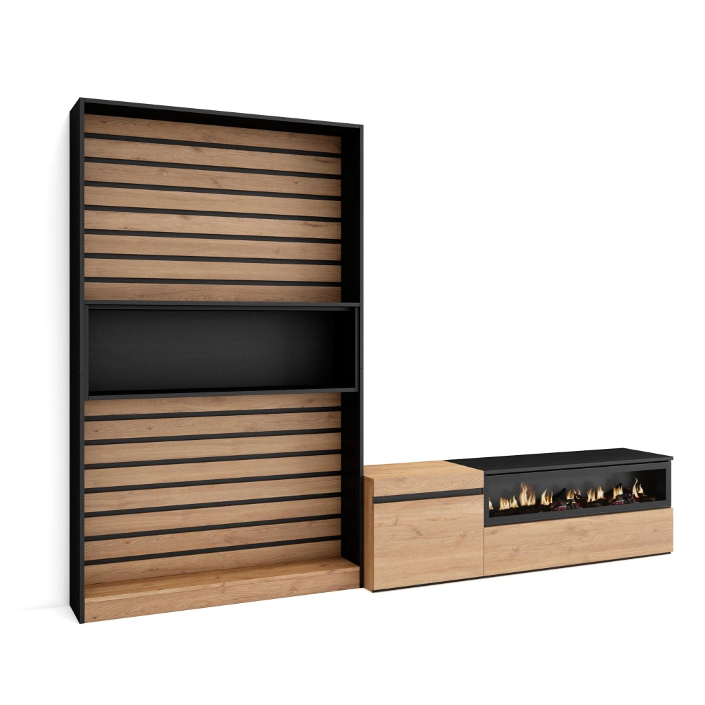 Mobile TV, Soggiorno, 260x35x186cm, Per TV fino a 65", Camino elettrico, colore Rovere e nero RF3157