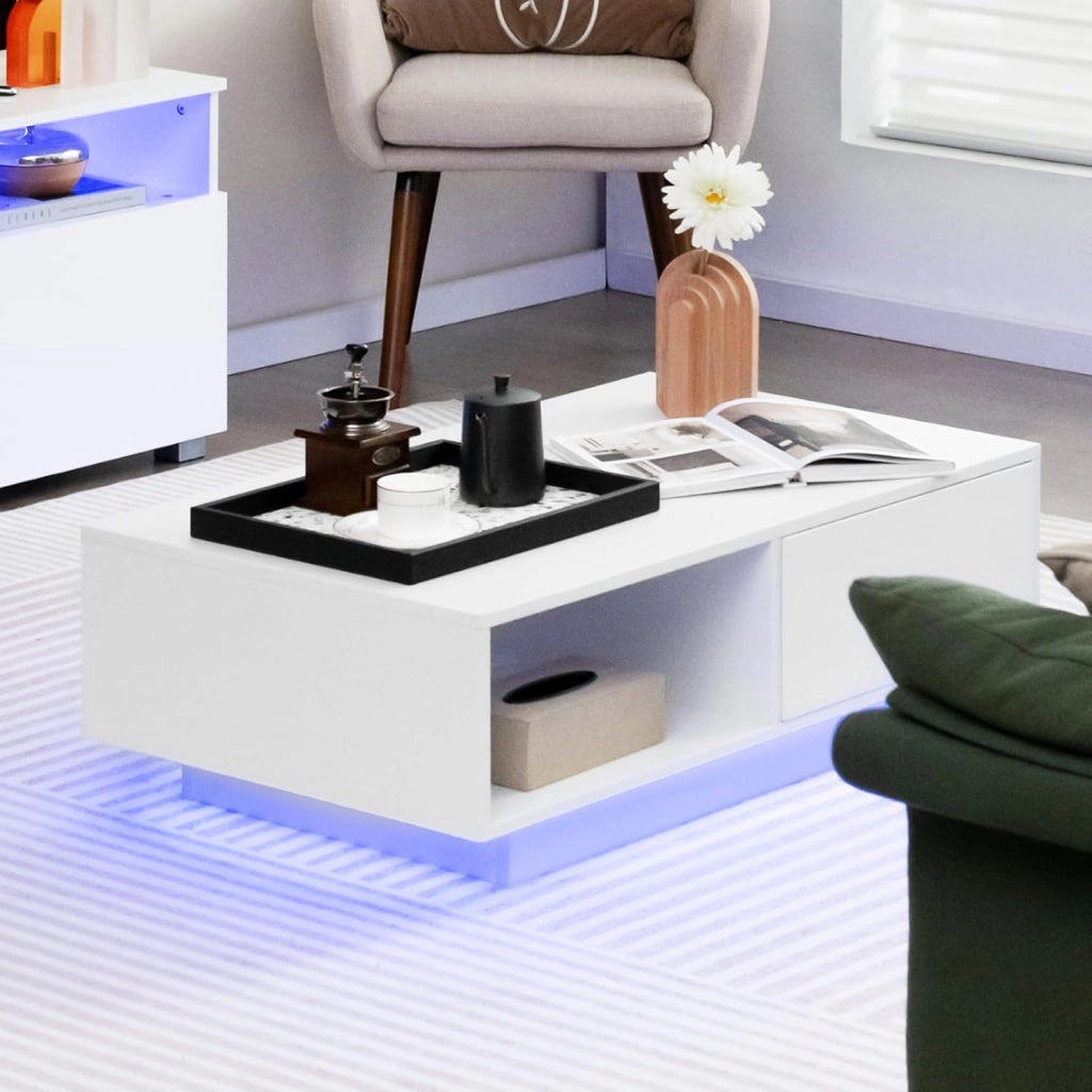 Tavolino da caffè rettangolare moderno con luce colorata e telecomando, tavolino da caffè con cassetto e ripiano aperto per soggiorno (bianco)