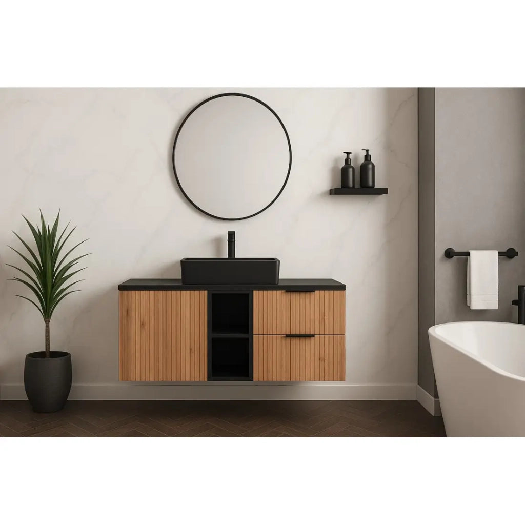 Set da bagno NOXERA 120 cm – Quercia wotan e nero opaco – piano per lavabo con cesto per la biancheria e nicchie