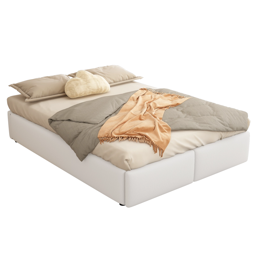 Letto imbottito 140x200 cm con contenitore idraulico e 2 cassetti; lino e MDF bianco