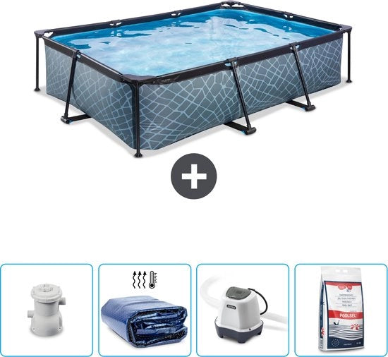 Piscina in Rettangolo con Cornice di Pietra - 300 x 200 x 65 cm - Inclusa Pompa, Zona Solare, Sistema di Salinità e Sali per Piscina