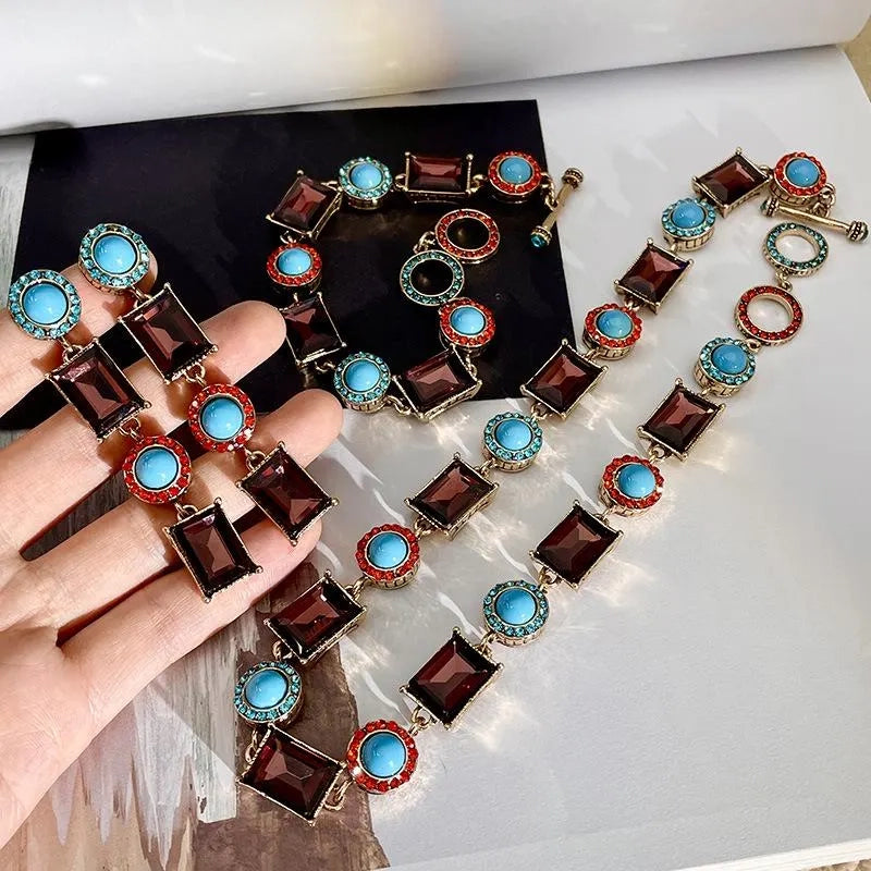 Collana e bracciale vintage turchese fatti a mano, set retr¨° esagerato da donna, orecchini combinati, gioielli in stile nazionale