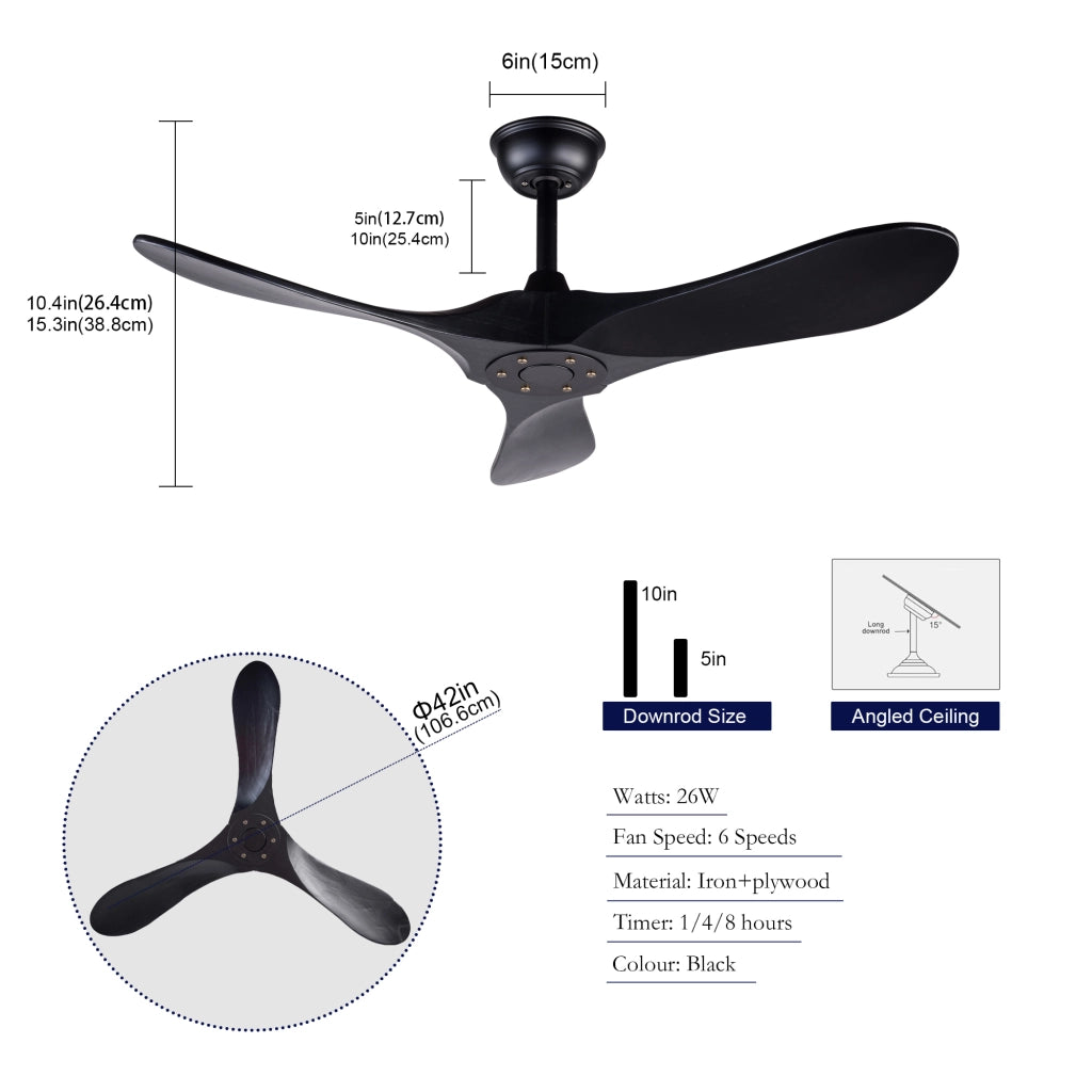 Ventilatore da soffitto da 42 pollici nero con 3 pale in legno massello e telecomando