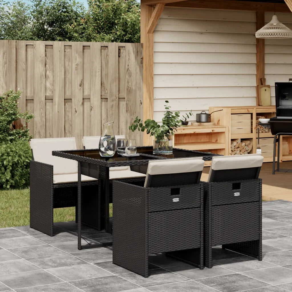 Set da Pranzo da Giardino 5 pz | Set Salotto da Giardino Nero con Cuscini in Polyrattan