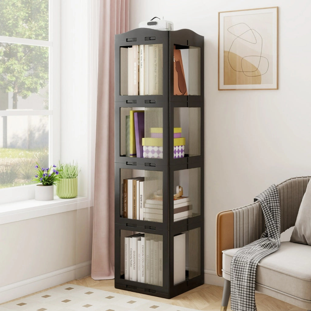 Libreria girevole pieghevole a 4 livelli per soggiorno e studio, Scaffale girevole a 360¡ã con base rotante per esposizione Nero-Librerie