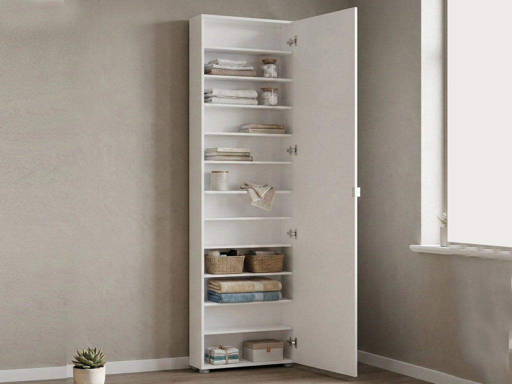 Ippolita, Armadio Multiuso 1 Anta 11 Ripiani Made in Italy, 60x200h cm Bianco Lucido