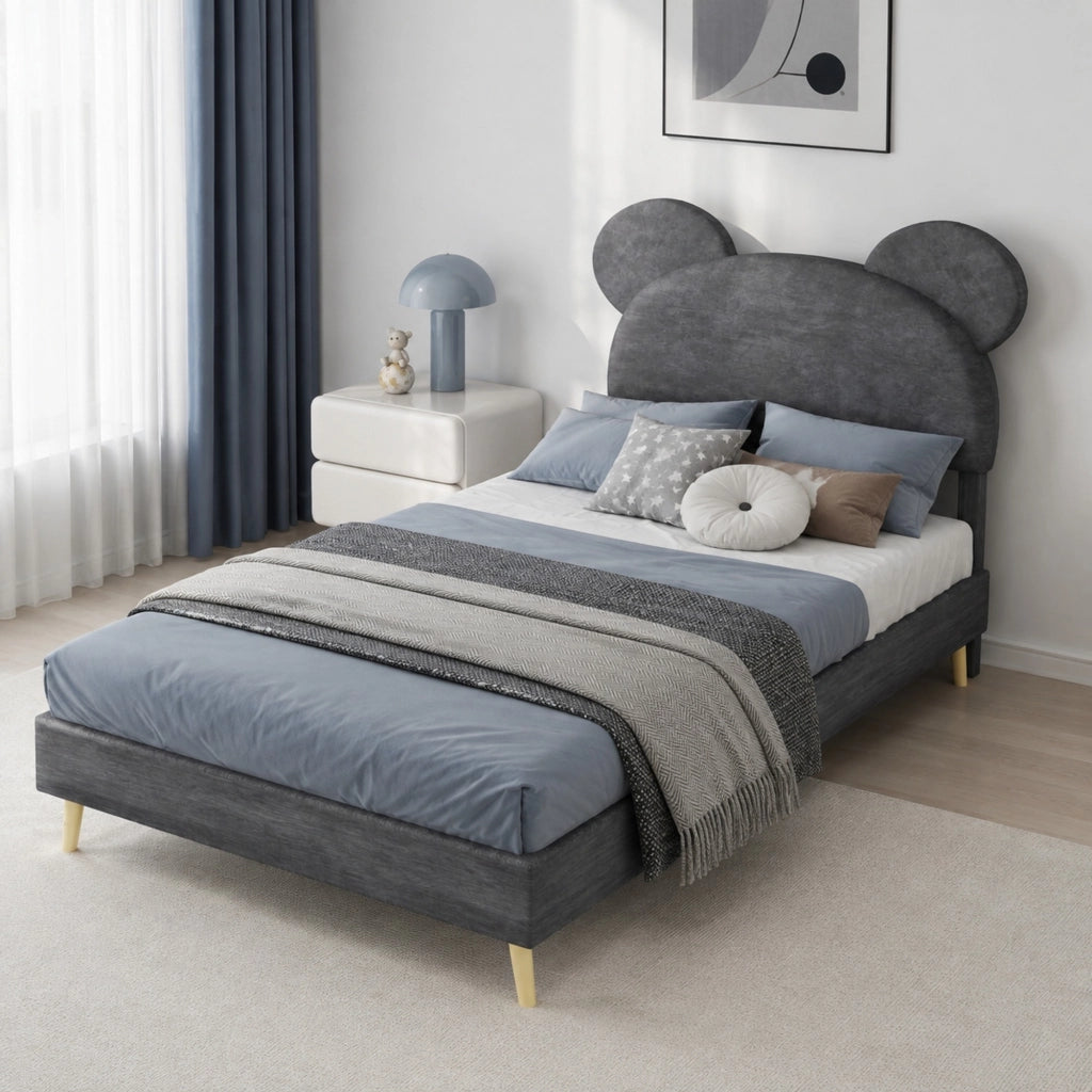Letto imbottito singolo 90x200 cm con testiera decorativa e contenitore pneumatico; grigio