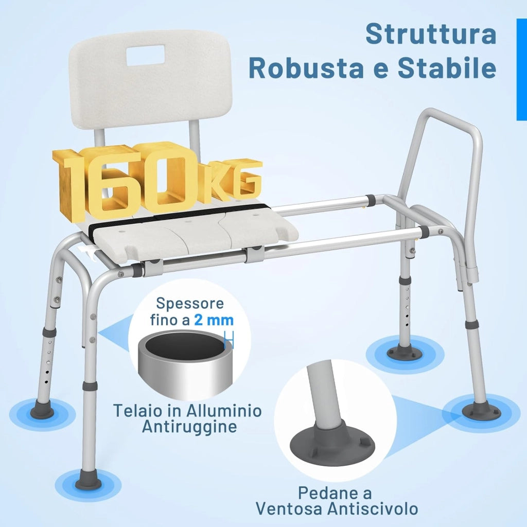 Sedia per Doccia Anziani con Posizione e Altezza Regolabili 105 x 49 x 85-95 cm, Sgabello per Vasca da Bagno con Schienale, Braccioli e Cintura di Sicurezza per Donne Incinte (Modello 1)