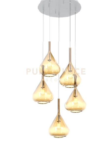 SOSPENSIONE BIANCO 5 LUCI TONDA VETRI AMBRA 1177BI-S5 T-AM