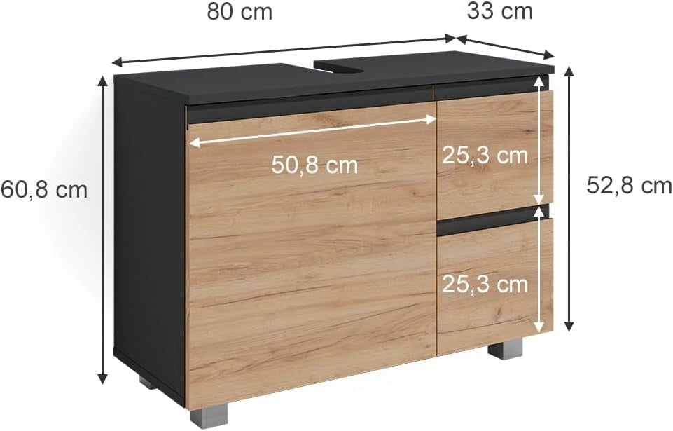 Mobile sottolavabo per bagno J-Shape, Sonoma, 80 x 60.8 cm, con intaglio per sifone per l’installazione sotto il lavandino