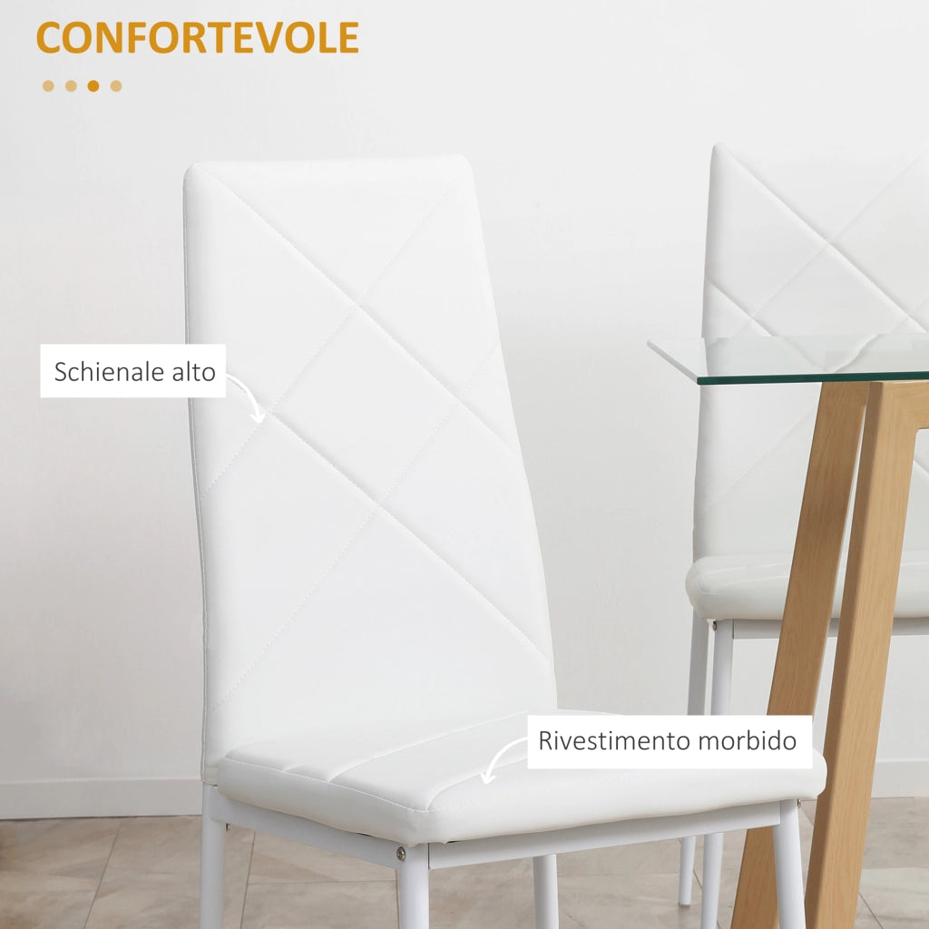 EasyComfort Set di 4 Sedie da Pranzo con Schienale Alto in Finta Pelle e Acciaio, 41x50x97cm, Bianco