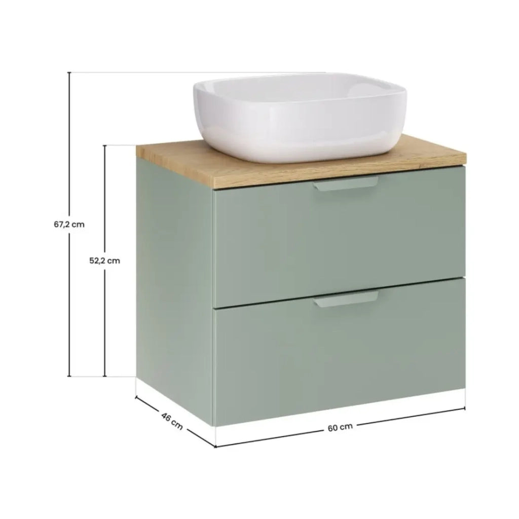 Insieme OSTER 60cm: mobiletto sottolavabo con cassetti verde salvia + piano per lavabo effetto rovere chiaro + lavabo da appoggio quadrato