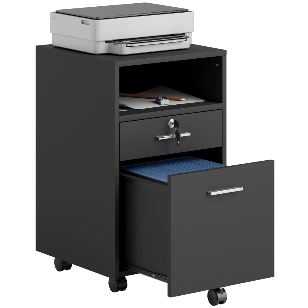 Cassettiera da Ufficio Portadocumenti in Legno con 2 Cassetti e Ripiano Aperto, 39x40x65 cm, Nero