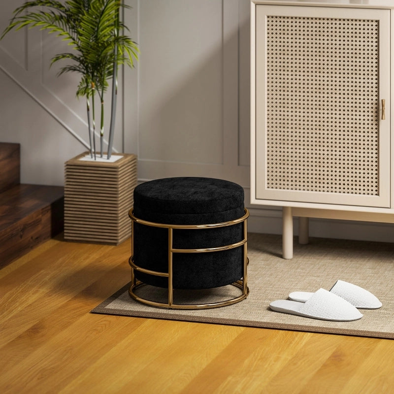 Pouf contenitore in velluto nero con struttura in acciaio, seduta imbottita, Ø42 x 39 cm