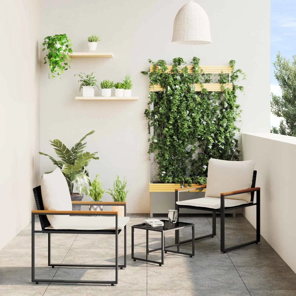 Set di Mobili con cuscino 3 pz | Set Salotto da Giardino Nero e Bianco Crema Rattan