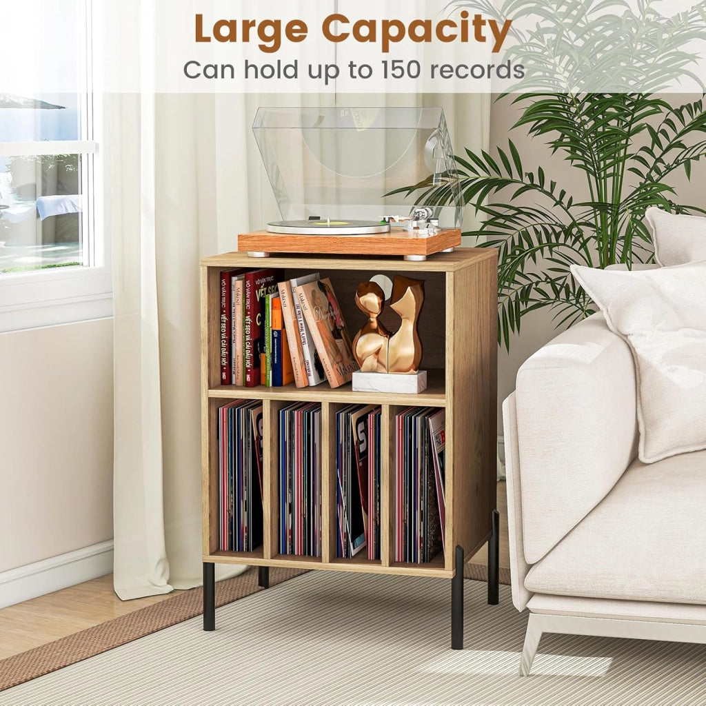 Tavolino da Letto Mobile Giradischi con Base di Ricarica, Comodino per 150 Album, 2 Porte USB, 1 Tipo C, 5 Scomparti, Gambe in Metallo, Supporto per Giradisco, 53 x 45 x 78 cm