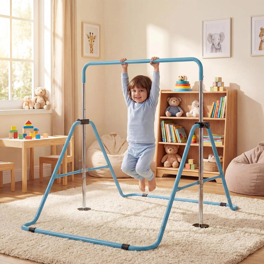KOMFOTTEU Barra da ginnastica pieghevole per bambini, barra orizzontale con altezza regolabile in 5 livelli da 90 a 130 cm, carico di 70 kg, attrezzatura portatile per allenamento per interni esterni