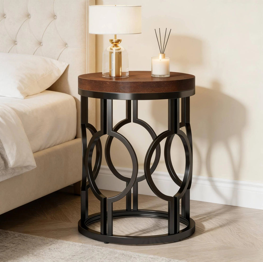 Tavolino rotondo ?45 x 50 cm in MDF e metallo nero e marrone rustico