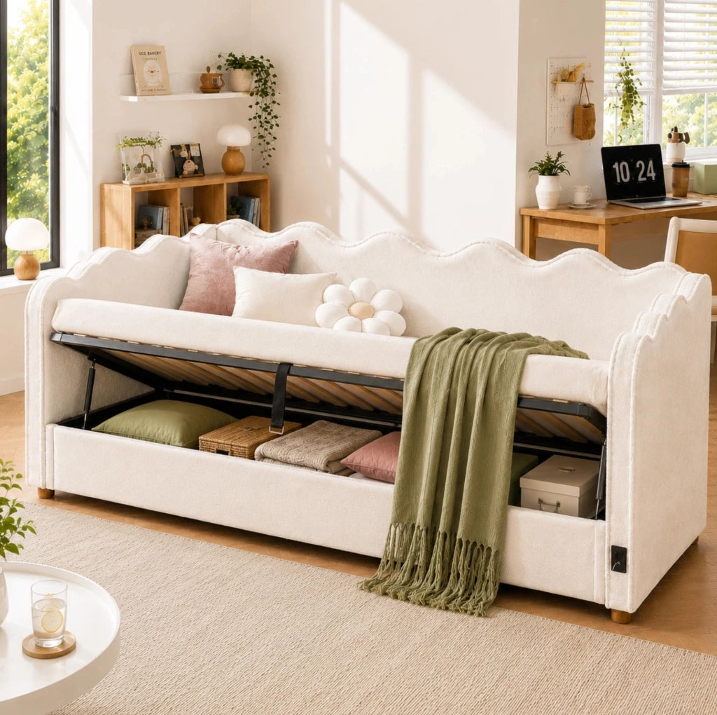 Letto da giorno imbottito 90x200 cm con contenitore idraulico e USB