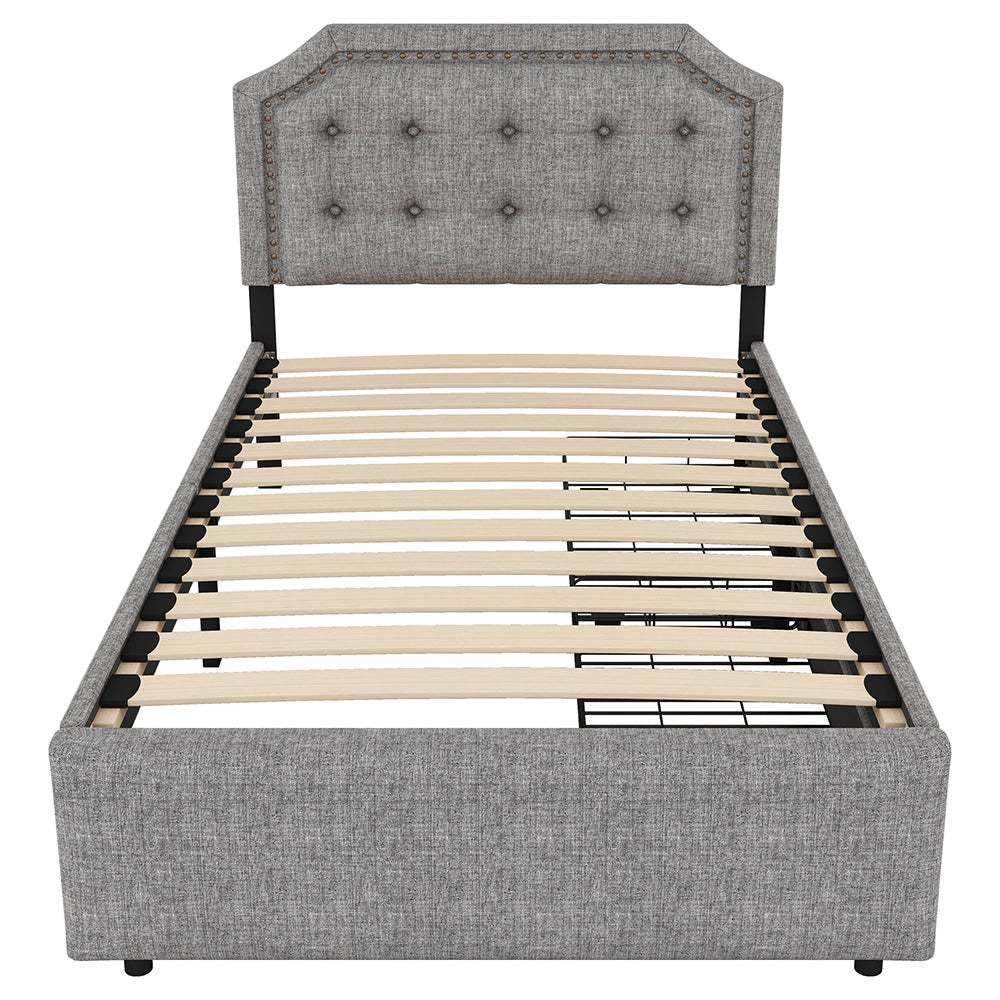 Letto singolo imbottito - Xylo - 90x200 cm - Grigio - 2 cassetti, comodino, rivetti decorativi