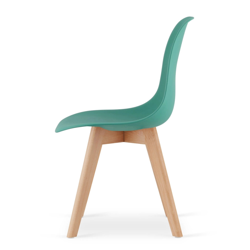 Sedia di design Kito verde con gambe in legno di faggio