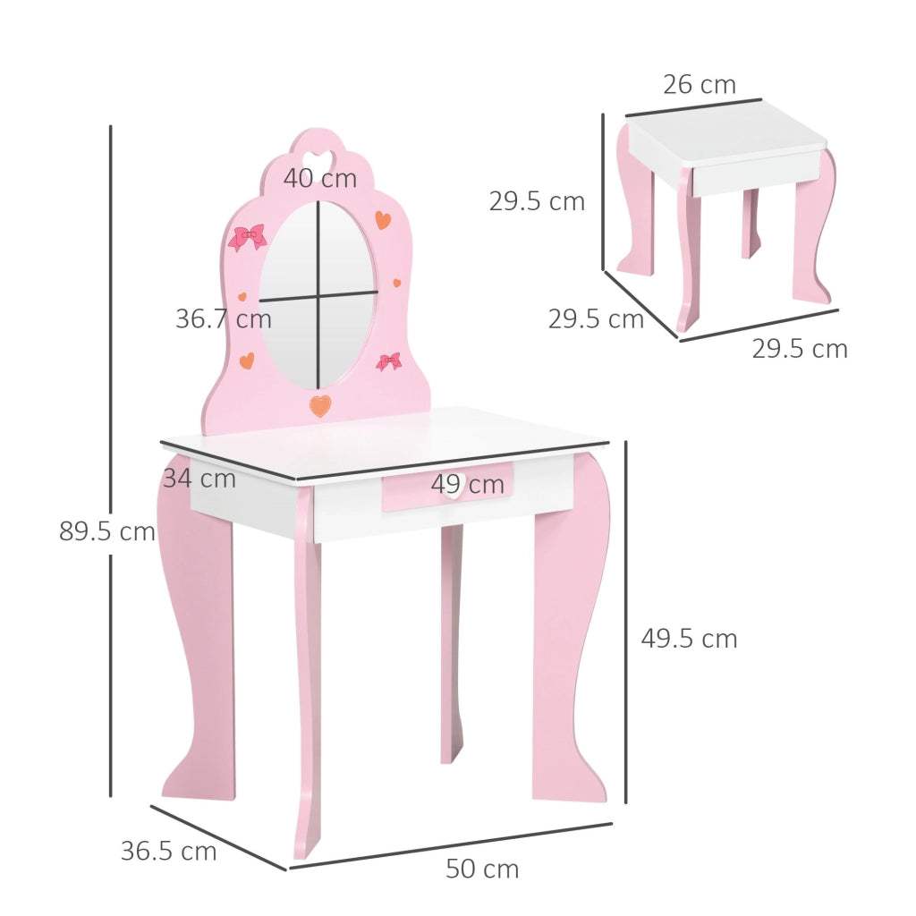 EasyComfort Set Tavolo Trucco con Sgabello, Specchio e Cassetto in MDF per Bimbi 3-6 Anni, Bianco e Rosa