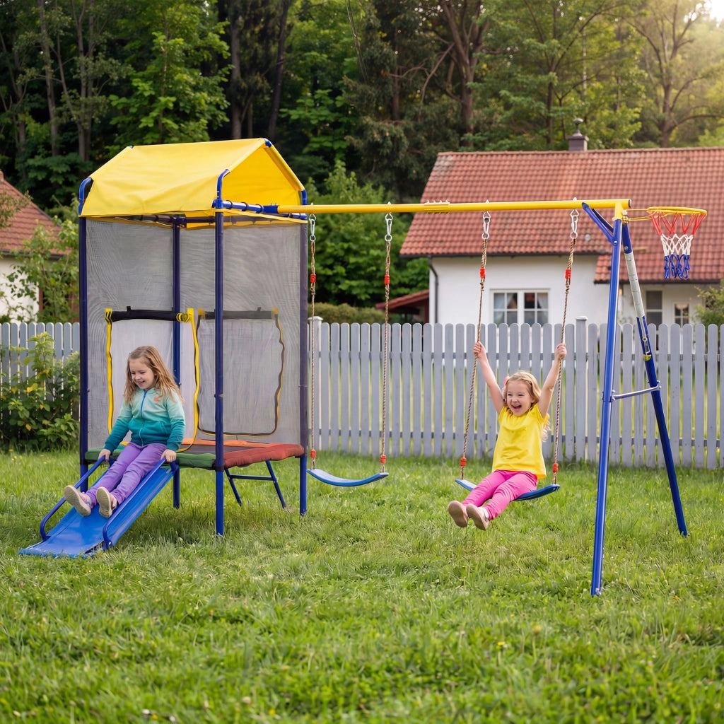 Parco giochi da esterno 4 in 1 con trampolino; doppia altalena; scivolo e canestro