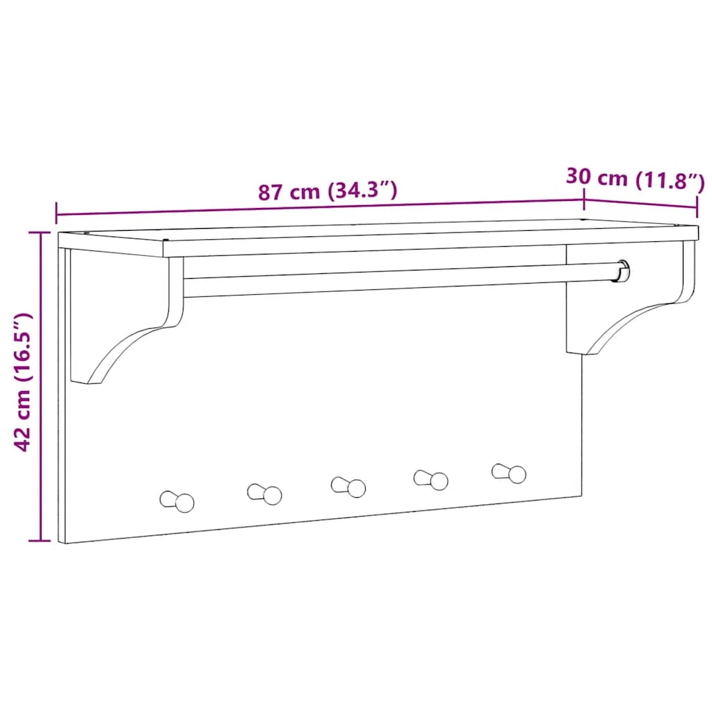 Appendiabiti da parete con 5 ganci fascino rustico stile corridoio 87 x 30 x 42 cm legno di pino massiccio 02_0056695