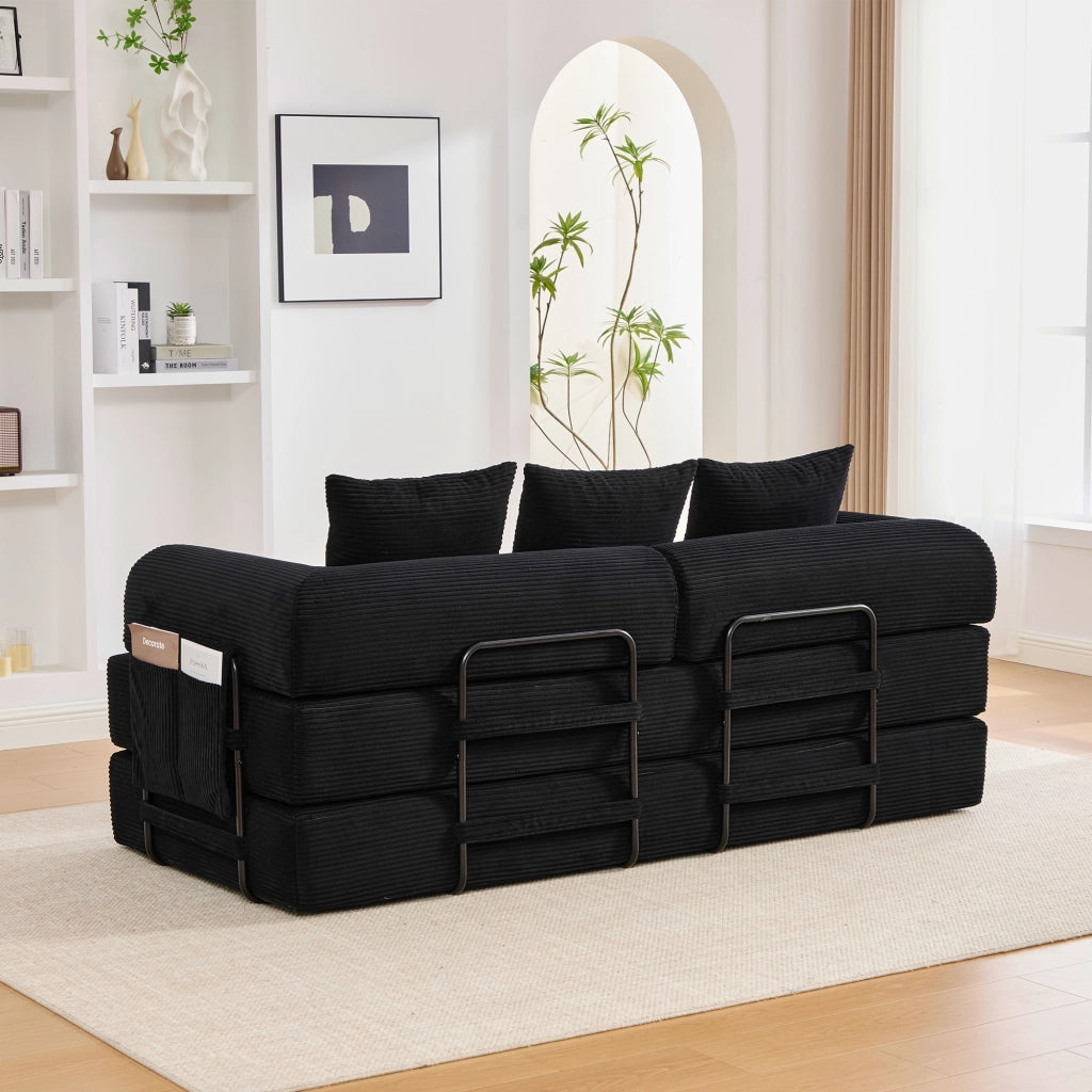 Divano modulare nero in velluto a coste con tasca laterale e 3 cuscini; 200x94x67 cm