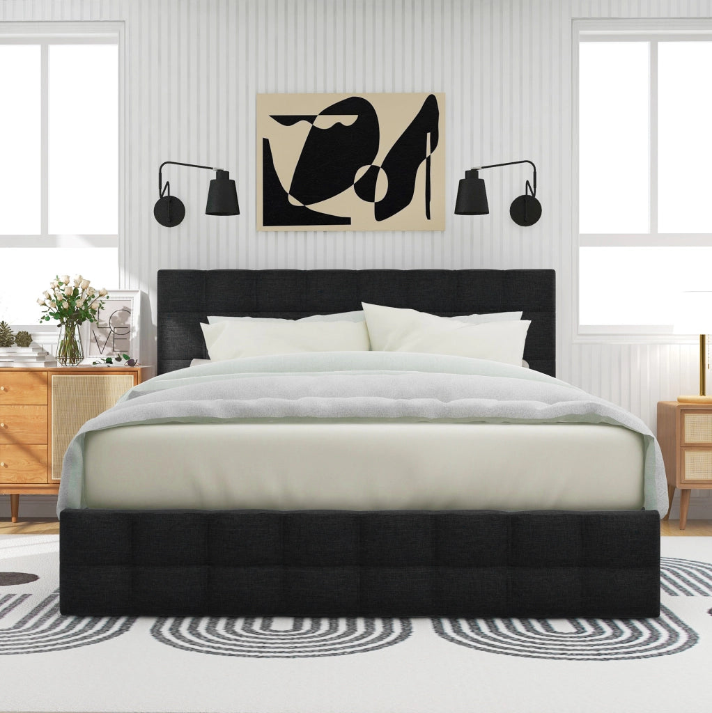 Letto imbottito 140x200 cm con 4 cassetti e testiera regolabile in lino nero