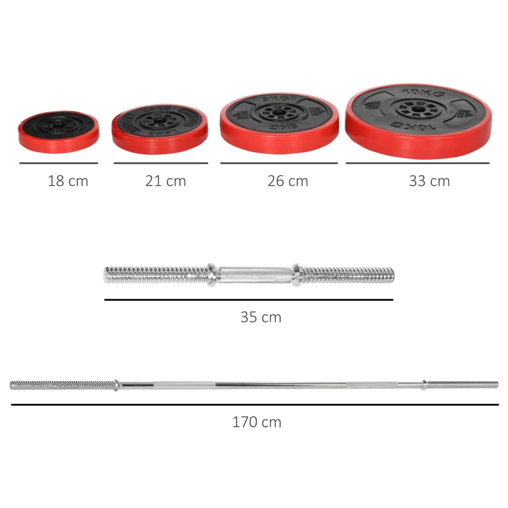 EasyComfort Set Bilanciere e Dischi 65kg totali per Workout in Casa, in Metallo, Sabbia di Ferro e Gomma, Rosso