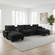 Divano Modulare U-Shape con Ottomane, Contenitore e Portabicchieri ¨C MINIMAL ¨C Chenille, Nero