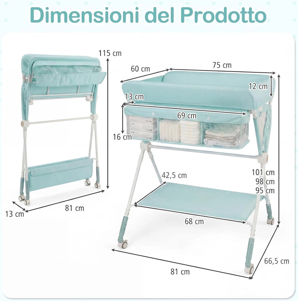 Fasciatoio Pieghevole per Bambini, Fasciatoio Portatile con Altezza Regolabile a 3 Livelli, Fasciatoio Neonato con Ruote di Bloccabili, Ripiano, Porta Asciugamani, per 0-12 Mesi (Verde)