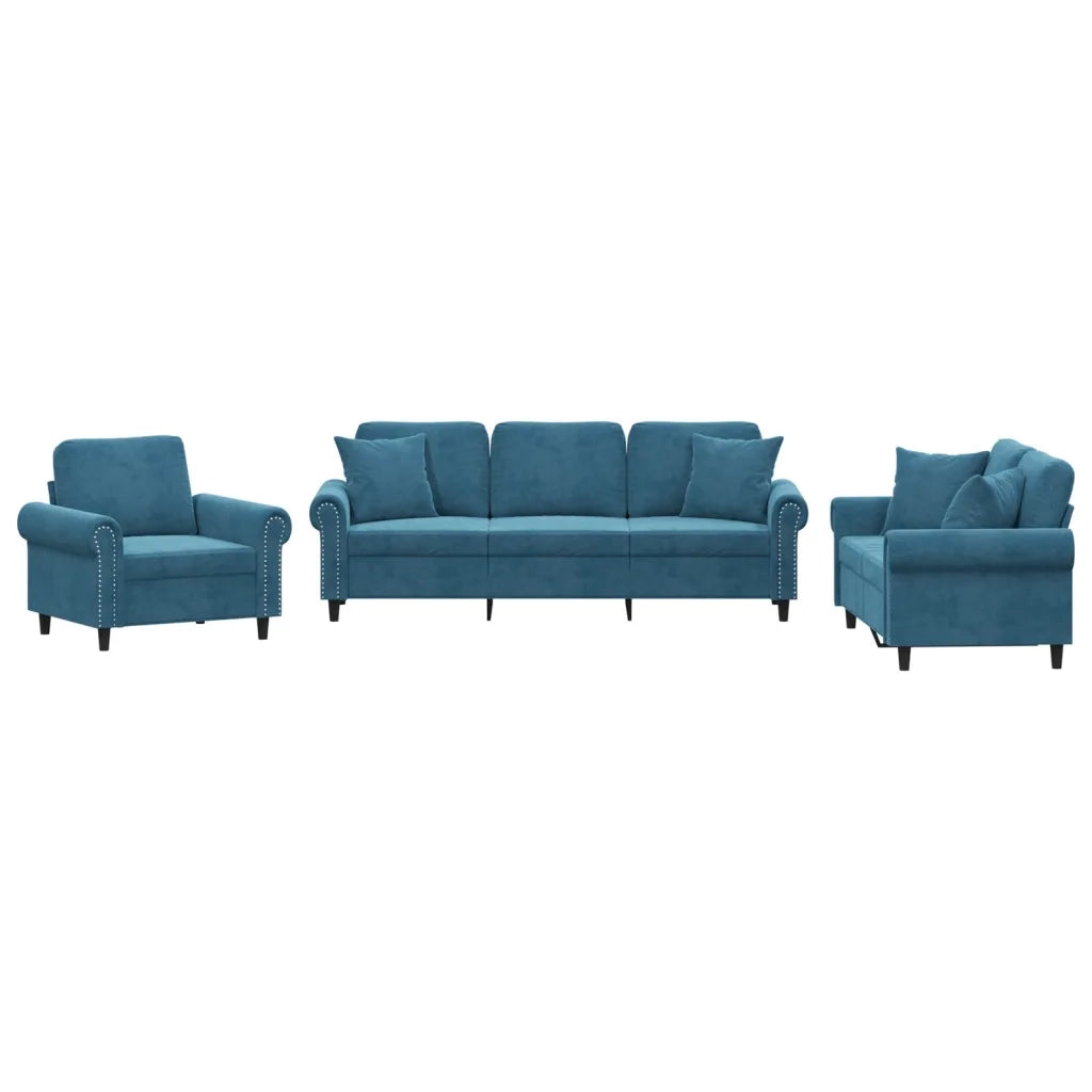 Set di Divani 3 pz con Cuscini Blu in Vellutocod mxl 106859