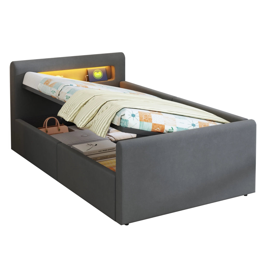 Letto imbottito 90x200 cm con LED; USB e contenitore in velluto grigio