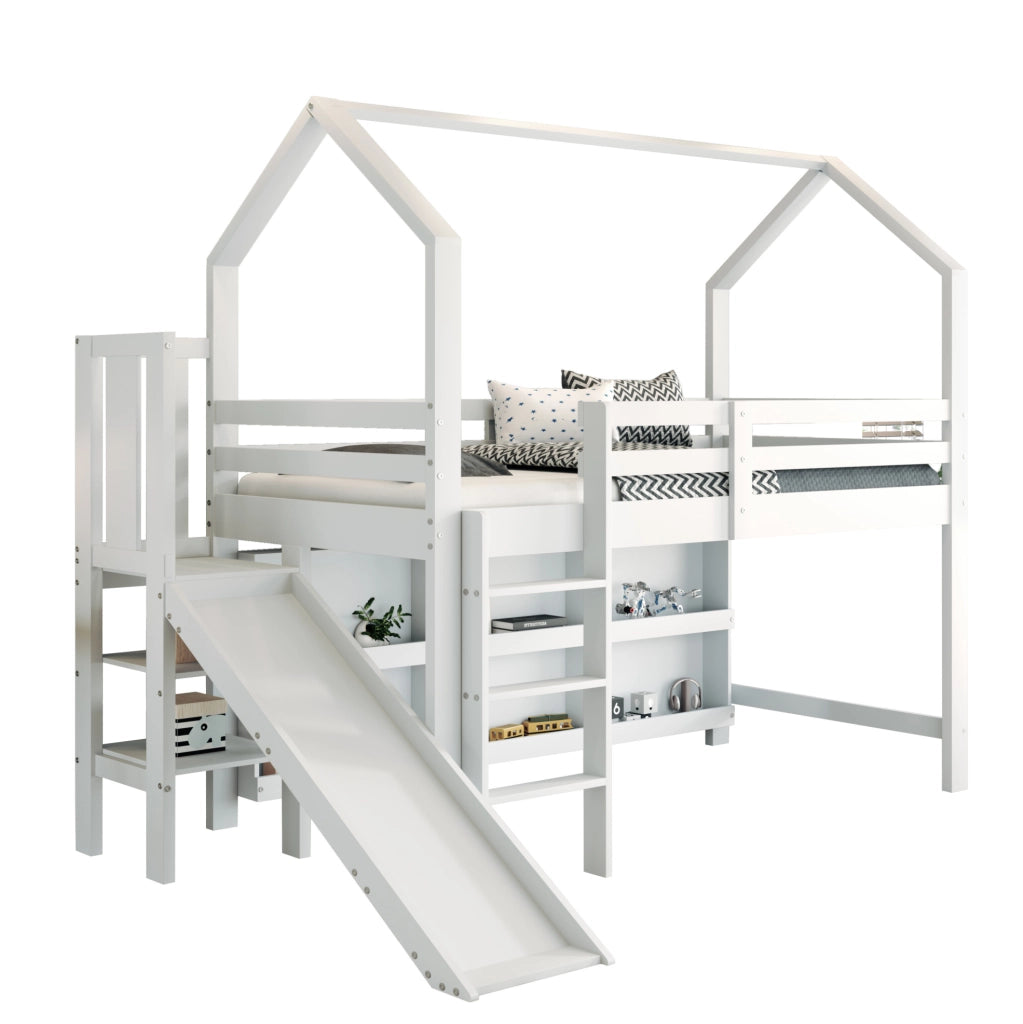 Letto singolo per bambini 90x200 cm con scivolo; scale; armadietti e scaffale in legno e MDF; bianco